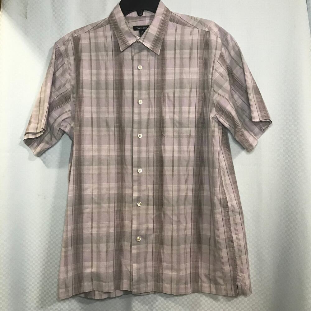 Van Heusen Button Down Shirt Purple Grey Plaid Short Sleeve Cotton Blend M